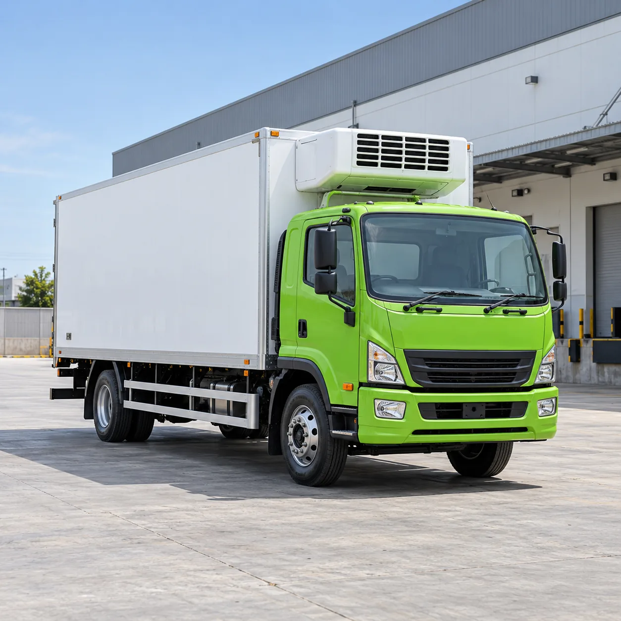 AI-generated illustration of a lime-green cold-chain truck with an insulated refrigerated body