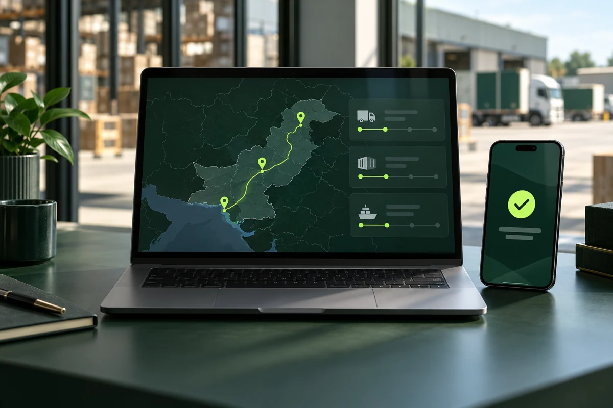 Concept illustration of digital shipment tracking and booking on a laptop and phone