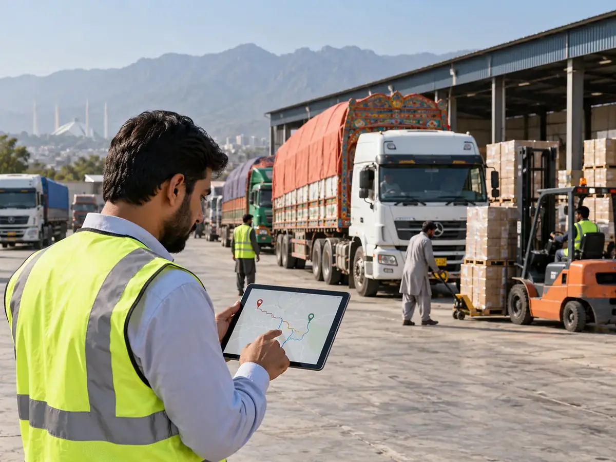 Illustration: dispatcher reviewing a vehicle route on a tablet