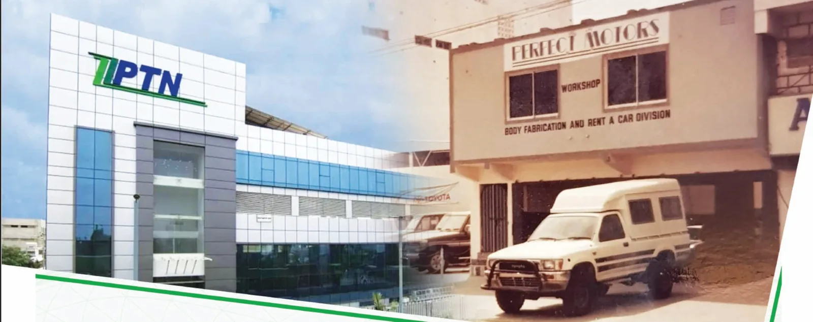 PTN’s present-day building alongside the earlier Perfect Motors workshop and a vehicle outside