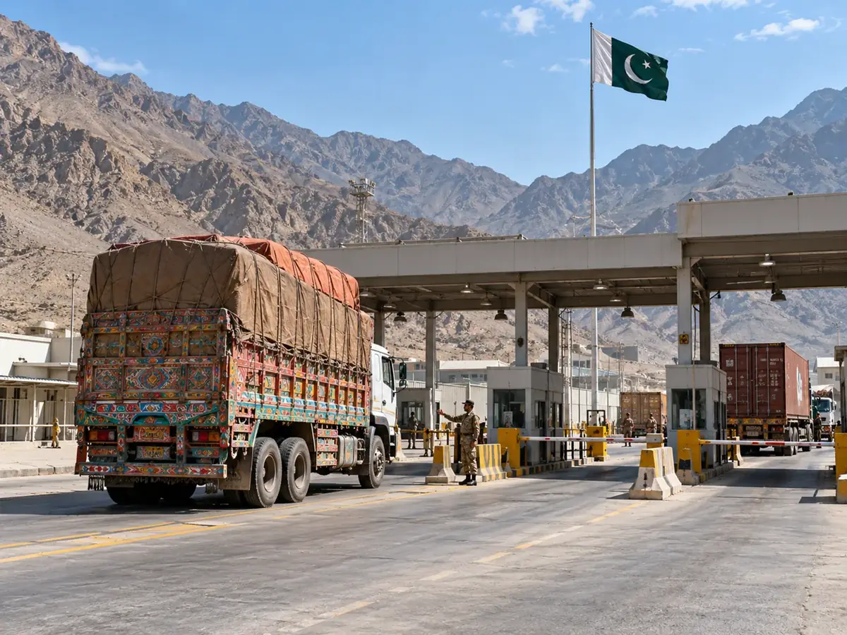 Illustration: freight truck at a land-border customs terminal