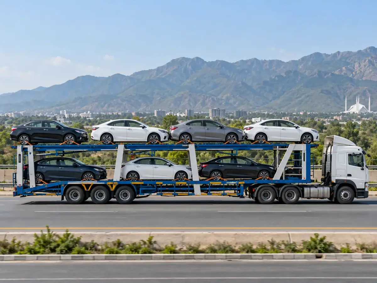 Illustration: open car transporter carrying passenger vehicles