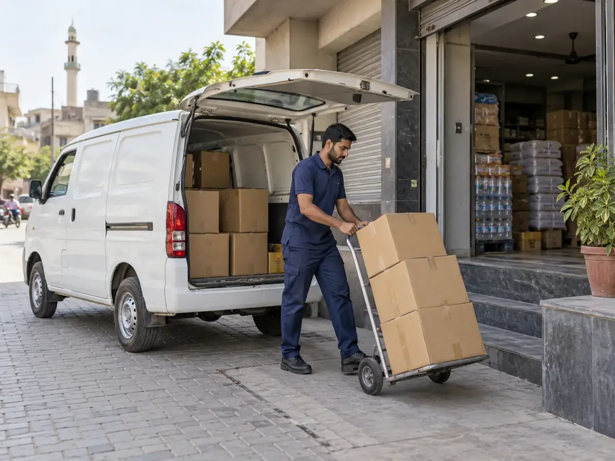 Illustration: local delivery van and carton trolley