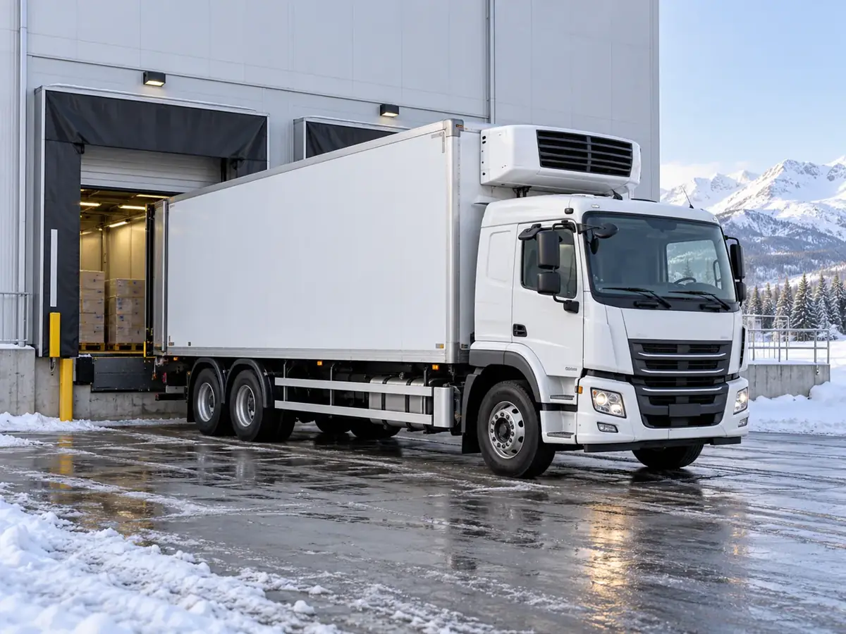 Illustration: refrigerated truck at a cold storage dock