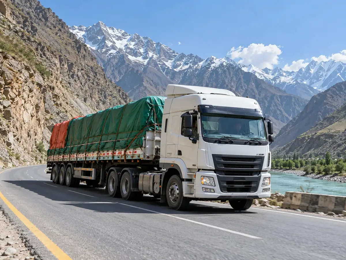 Illustration: long-haul truck on a mountain highway