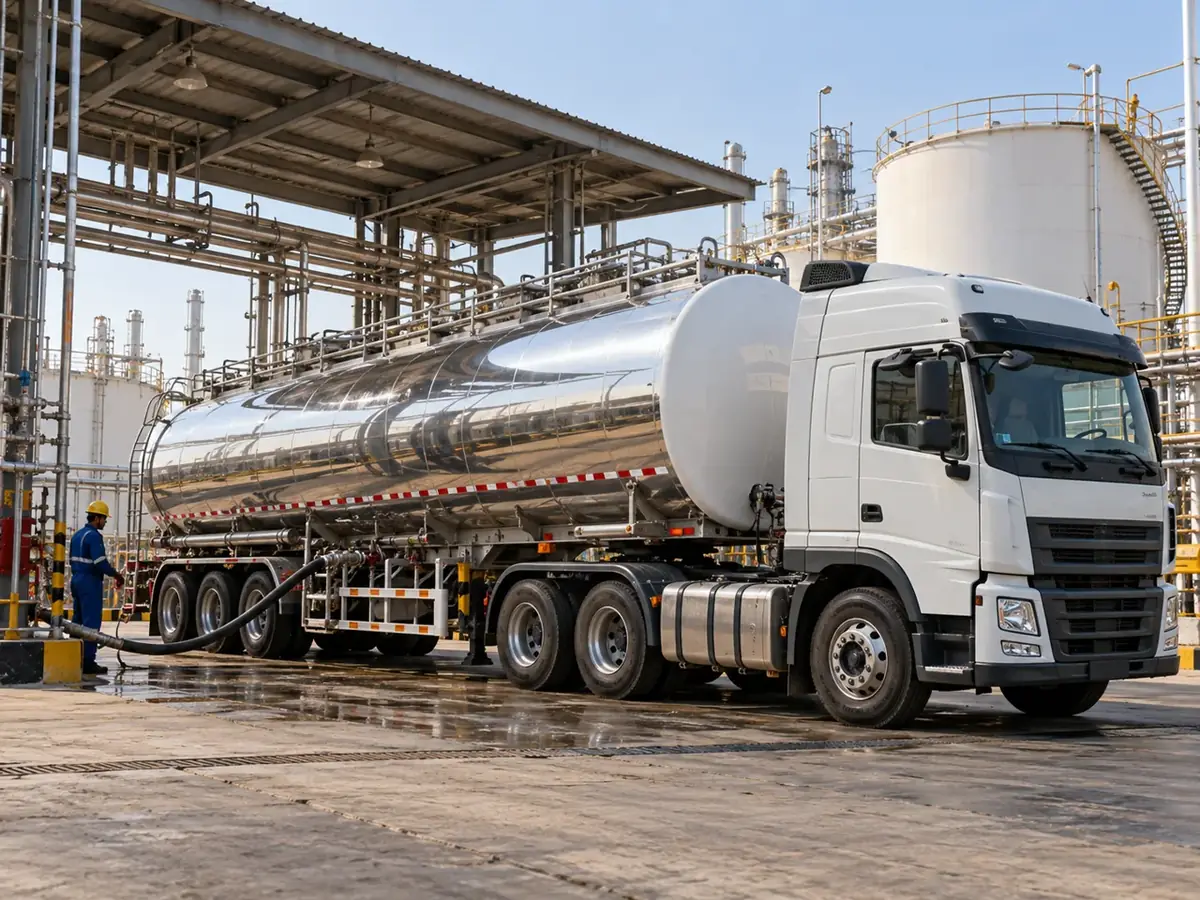 Illustration: liquid tanker at an industrial loading area
