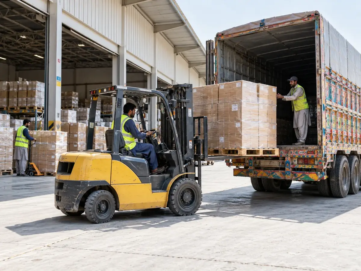 Illustration: pallets moving from warehouse storage to dispatch