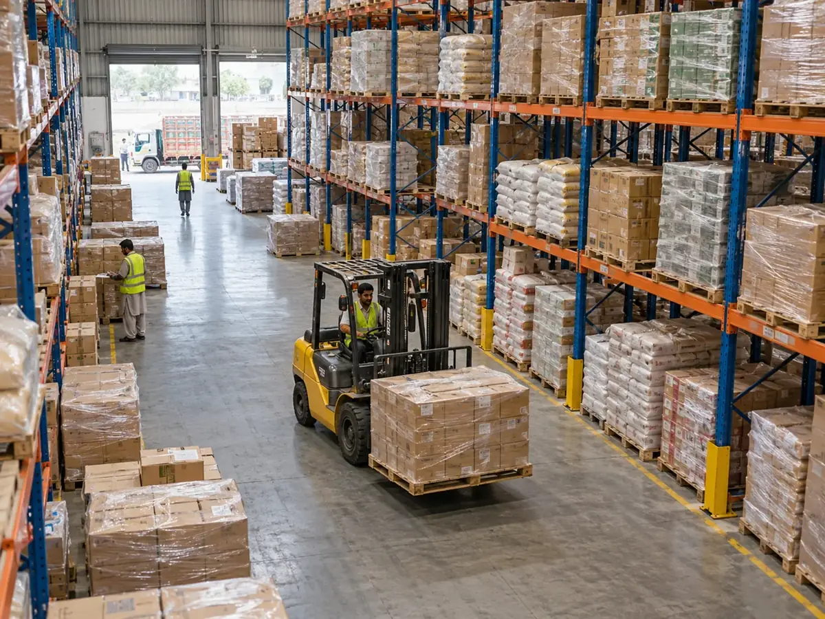 Illustration: pallet storage and forklift operations